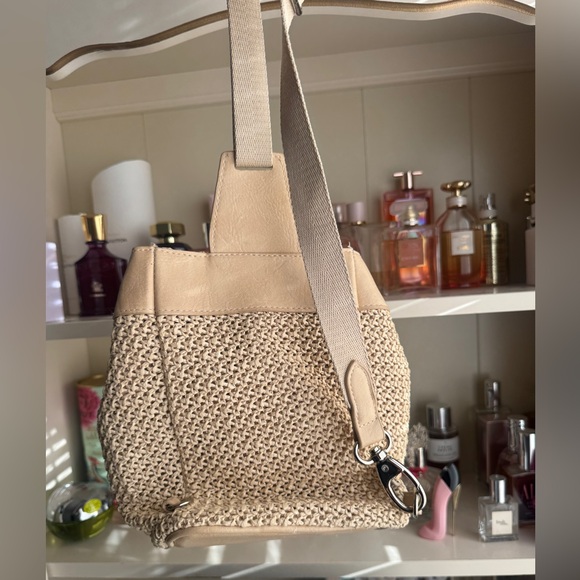 BEIS Tan and Cream Backpack with Woven Texture. THE NATURALS SLING IN BEIGE - Picture 2 of 13